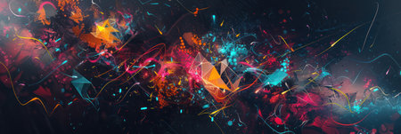 Neon abstract triangles and stars in cosmic space. Background for technological processes, science, presentations, education, etcの素材