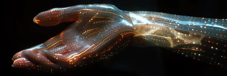 Futuristic cybernetic hand with holographic technology concept. Background for technological processes, science, presentations, education, etcの素材