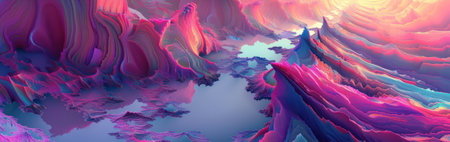 Colorful fantasy landscape with whimsical nature patterns. Background for technological processes, science, presentations, education, etcの素材