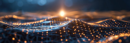 Abstract golden particle wave with bokeh light effect. Background for technological processes, science, presentations, education, etcの素材