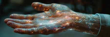 Futuristic cybernetic hand with holographic technology concept. Background for technological processes, science, presentations, education, etcの素材