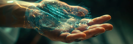 Futuristic cybernetic hand with holographic technology concept. Background for technological processes, science, presentations, education, etcの素材