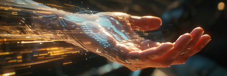 Futuristic cybernetic hand with holographic technology concept. Background for technological processes, science, presentations, education, etcの素材