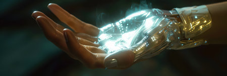 Futuristic cybernetic hand with holographic technology concept. Background for technological processes, science, presentations, education, etcの素材