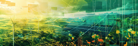 Eco-friendly renewable energy collage with solar panels and wind turbines. Background for technological processes, science, presentations, education, etcの素材