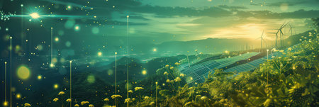 Eco-friendly renewable energy collage with solar panels and wind turbines. Background for technological processes, science, presentations, education, etcの素材