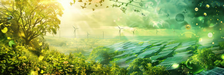 Eco-friendly renewable energy collage with solar panels and wind turbines. Background for technological processes, science, presentations, education, etcの素材