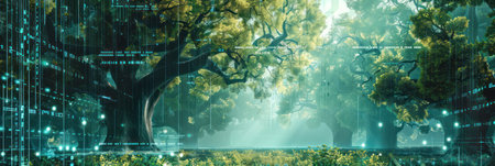 Futuristic digital forest concept with green technology and ecology network. Background for technological processes, science, presentations, education, etcの素材