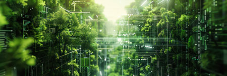 Futuristic digital forest concept with green technology and ecology network. Background for technological processes, science, presentations, education, etcの素材