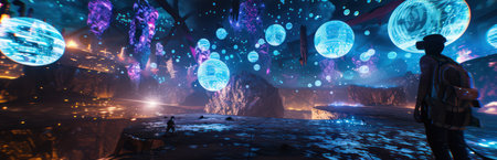 Digital globes with futuristic network waves and particle connectivity. Background for technological processes, science, presentations, education, etcの素材