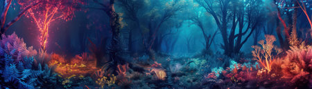 Enchanted forest with magical bioluminescent flora and shimmering trees. Background for technological processes, science, presentations, education, etcの素材