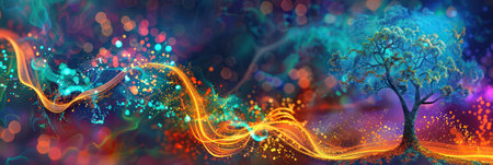 Magical tree illuminated by mystical light trails in a dreamlike landscape. Background for technological processes, science, presentations, education, etcの素材