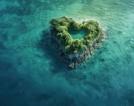 A romantic heart-shaped tropical island with lush greenery and a bird's-eye view of the oceanの素材