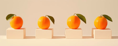 Fresh orange citrus on minimalist catwalks. Bright showcase of healthy foodの素材