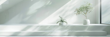 Modern minimalist decor with plant and white bowlの素材