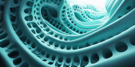 A blue and white image of a spiral with many holes. The image has a futuristic and abstract feel to itの素材