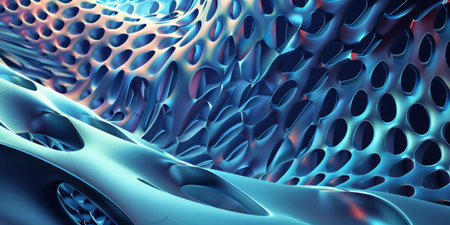 A blue and white image of a spiral with many holes. The image has a futuristic and abstract feel to itの素材