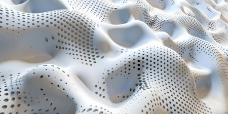 A white, abstract, wave-like pattern with many small dots. The pattern is very detailed and intricateの素材