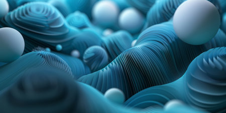 A blue and white background with many small spheres. The spheres are of different sizes and are scattered throughout the image. Scene is one of chaos and disorderの素材