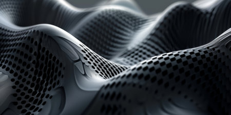 A black and white image of a wave with a lot of dots. The image has a futuristic and abstract feel to itの素材