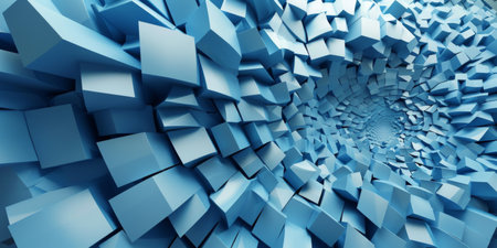 A blue spiral made of cubes. The spiral is made of many cubes and it looks like a tunnelの素材
