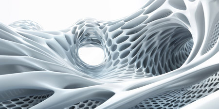 A white and gray image of a spiral with a hole in the middle. The spiral is made of many small holes and the hole is in the center. The image has a futuristic and abstract feel to itの素材