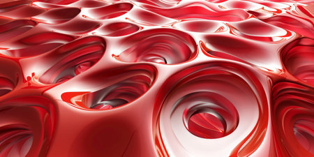 A red and white abstract painting with red circles. The circles are of different sizes and are scattered throughout the painting. The painting has a bold and energetic feel to itの素材
