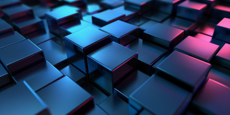 A close up of a blue and purple cube pattern. The image is of a computer generated design, with the squares being made of metal. The colors are bright and the design is very detailedの素材