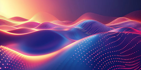 A colorful, abstract image of a blue and purple ocean with a purple and orange sky. The image is full of dots and swirls, giving it a dreamy, otherworldly feelの素材