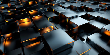 A close up of a black and silver cube pattern. The cubes are illuminated with a warm glow, creating a sense of depth and texture. The image evokes a feeling of modernity and sophisticationの素材