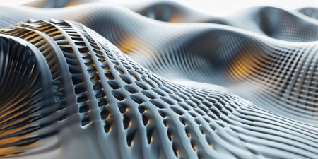 A wave of metal with a yellowish tint. The wave is made up of many small lines and shapesの素材