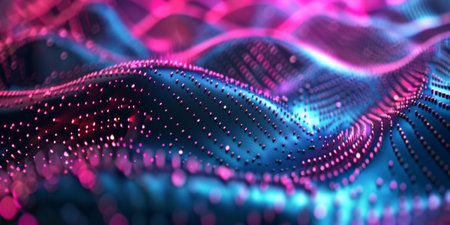 A blue and pink wave with many dots. The wave is very colorful and has a lot of detailの素材