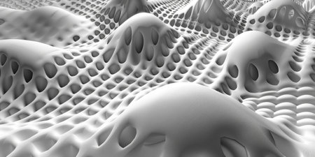 A computer generated image of a snowy landscape with many small bumps and holes. The image has a sense of depth and texture, and the overall mood is one of mystery and intrigueの素材