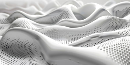 A white, wavy surface with a lot of dots. The surface is made of metal and has a shiny, reflective quality. The image has a futuristic, almost otherworldly feel to itの素材
