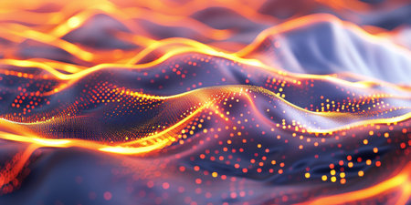 A wave of fire is shown in the ocean. The fire is orange and the water is blueの素材