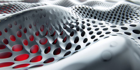 A close up of a patterned surface with red dots. The pattern is made up of small circles that are close together. The image has a futuristic and abstract feel to itの素材