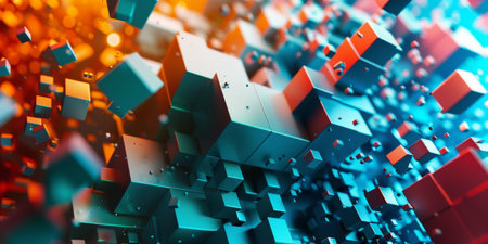 A colorful image of blocks in various sizes and colors. The blocks are arranged in a way that creates a sense of depth and movement. The image conveys a feeling of creativity and imaginationの素材