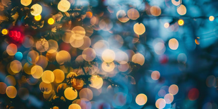 A Christmas tree with many lights on it. The lights are in different colors and are scattered all over the tree. The tree looks very festive and joyfulの素材