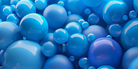 A close up of many blue spheres. The spheres are all different sizes and are arranged in a way that creates a sense of depth and dimension. The image conveys a feeling of fun and whimsyの素材