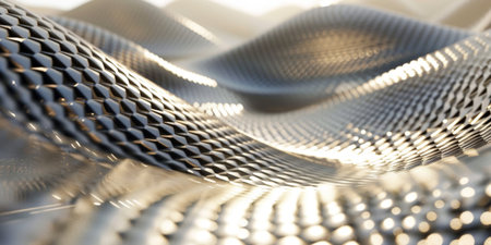 A shiny, metallic surface with a wave pattern. The surface is reflective and has a metallic sheenの素材