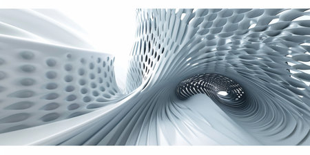 A white and gray abstract painting of a spiral. The spiral is made up of many small circles and is surrounded by a white background. The painting gives off a feeling of movement and energyの素材