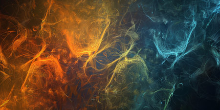 A colorful, abstract background with orange and blue swirls. The colors are vibrant and the pattern is dynamicの素材
