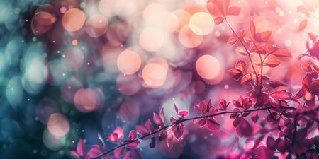 A blurry image of a leafy tree with pink flowers. The image has a dreamy, ethereal quality to it, with the pink flowers and leaves creating a sense of whimsy and beautyの素材