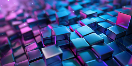A blue and purple background with many small squares. The squares are all different sizes and are arranged in a way that creates a sense of depth and texture. Scene is one of creativityの素材