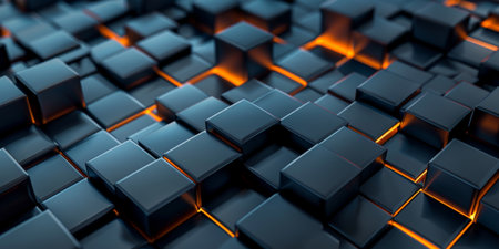 A black and orange cube patterned background. The cubes are arranged in a way that creates a sense of depth and texture. The orange highlights add a warm and inviting feel to the imageの素材