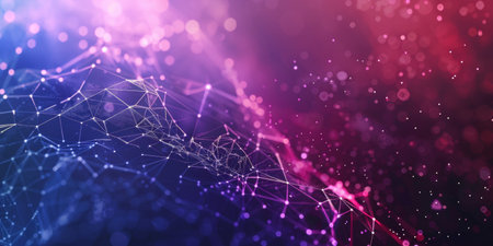 A colorful, abstract background with a lot of dots and lines. The background is a mix of blue, purple, and red. The dots and lines create a sense of movement and energy. Scene is dynamic and livelyの素材