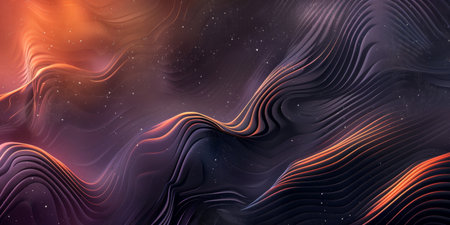 A dark blue and orange background with a wave of lines - stock background.の素材
