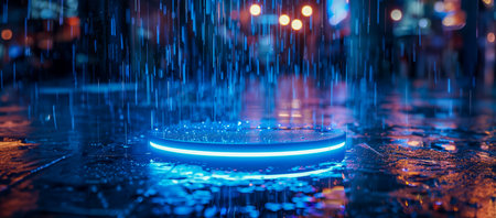 Rainy night scene with neon platform and city lightsの素材