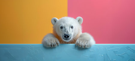 A polar bear is standing in front of a yellow and pink wall. The bear is looking at the camera and he is curious. The colors of the wall create a playful and vibrant atmosphereの素材
