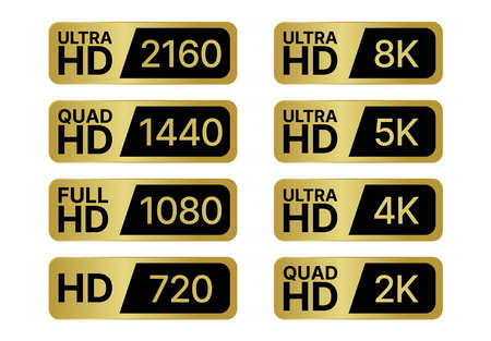 HD labels set - Full, Ultra, Quad, HD high definition badge. 8K, 5K, 4K, 2K, 2160, 1440, 1080, 720 pixel resolution of screen. PC and TV ratio screen. All vector illustrator badge labels.のイラスト素材